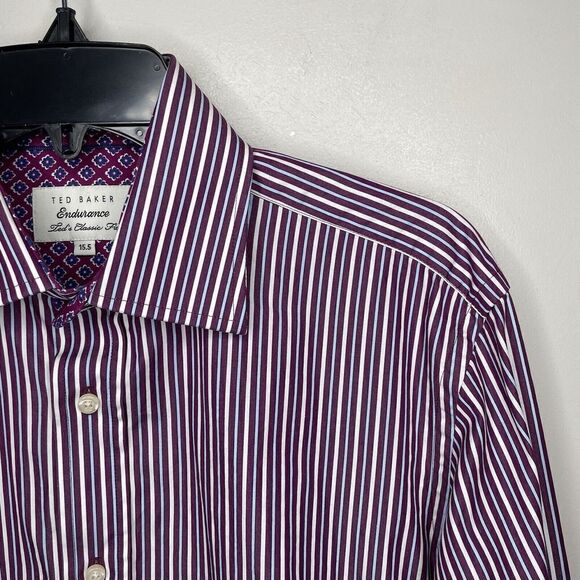 TED BAKER Shirt Mens 15.5 Endurance Purple Striped Floral Trim Dress Classic-Fit - Picture 2 of 7